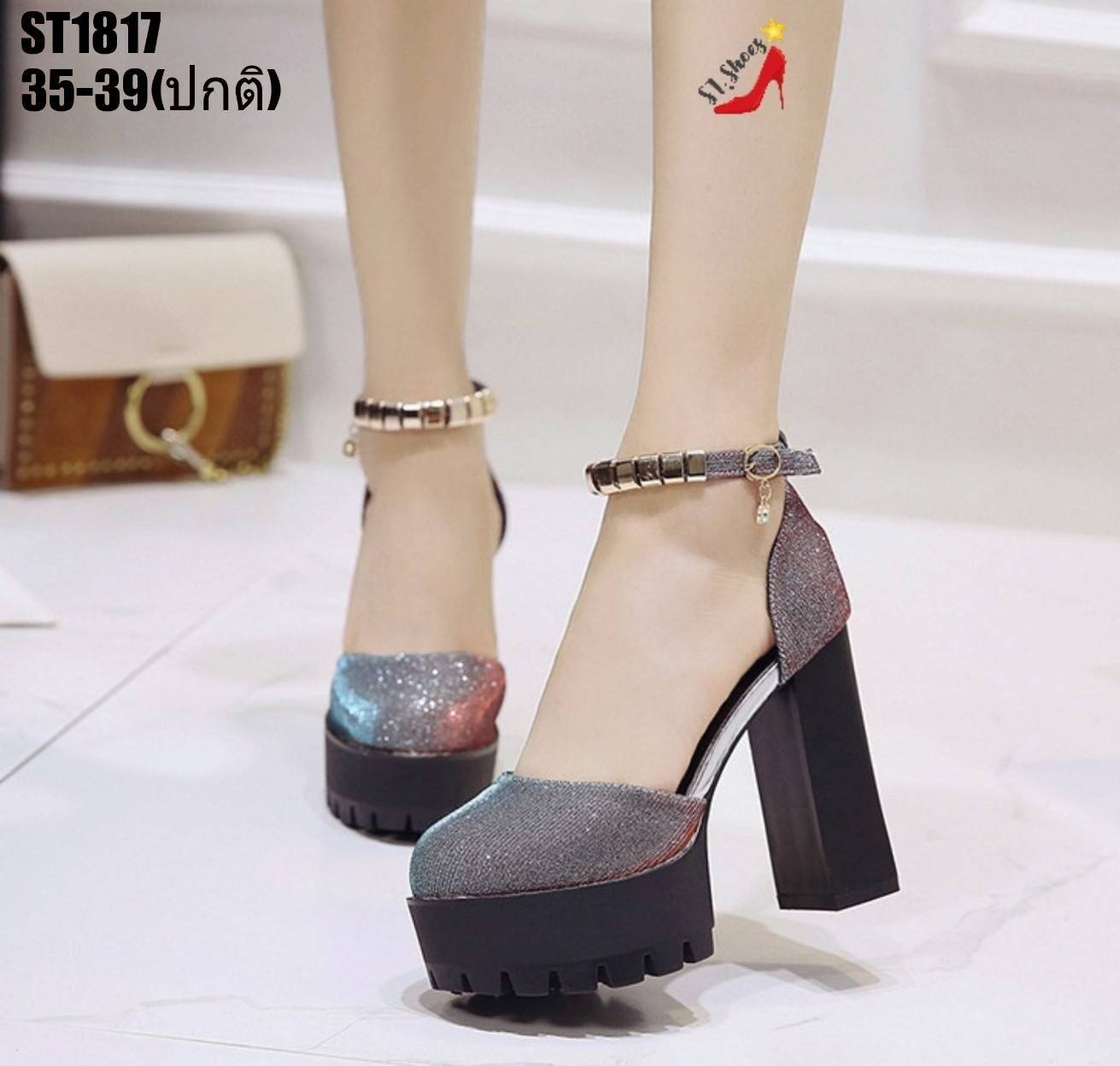 รองเท้าคัทชูส้นสูงหนังเลื่อม (สีฟ้า-แดง)