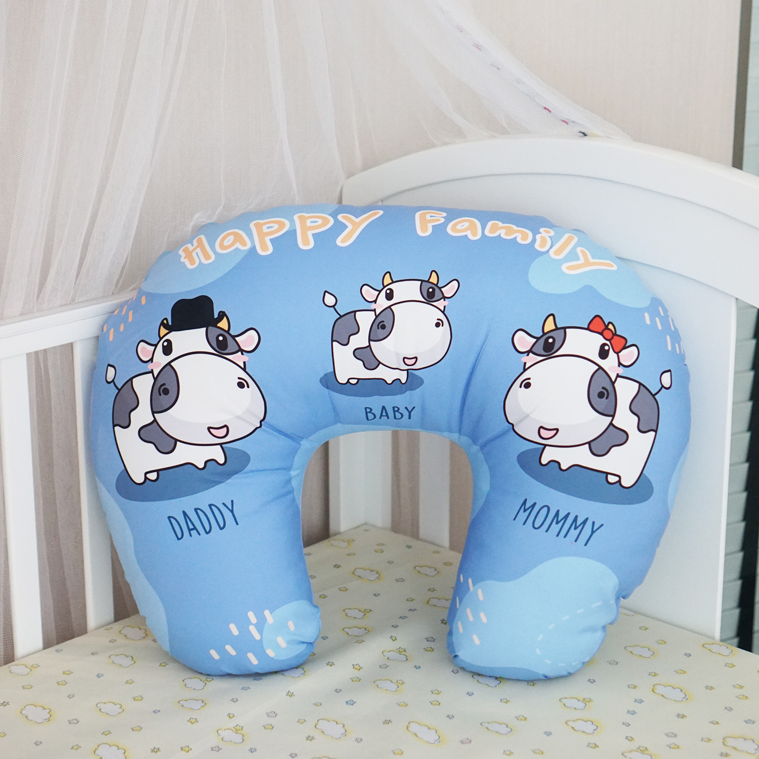 ชุดของขวัญเด็กแรกเกิด BP4 หมอนหลุม + ผ้าคลุมให้นม + หมอนรองให้นม ลาย Cow1 - Indigo