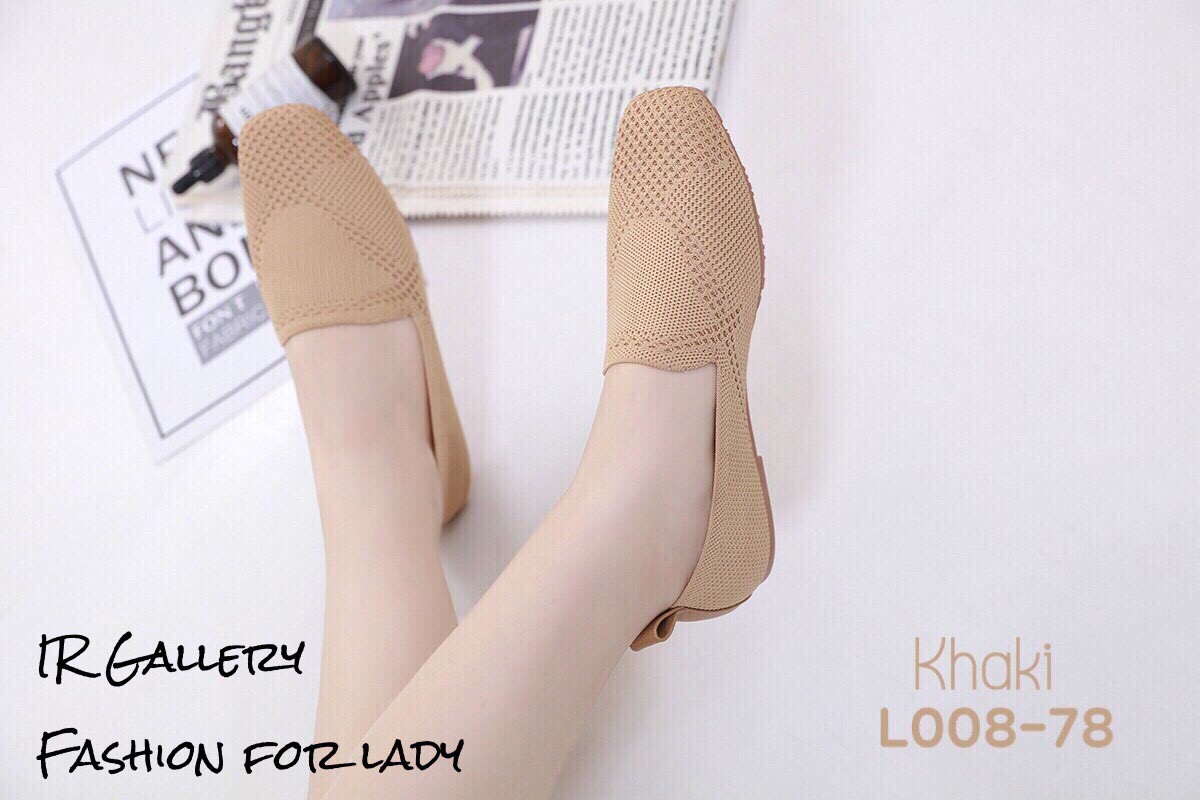 รองเท้าคัทชูส้นแบนผ้าทอฉลุาย (สีกากี)