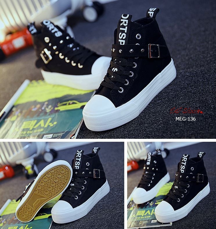 รองเท้าผ้าใบหุ้มข้อแต่งหมุด (สีแดง)