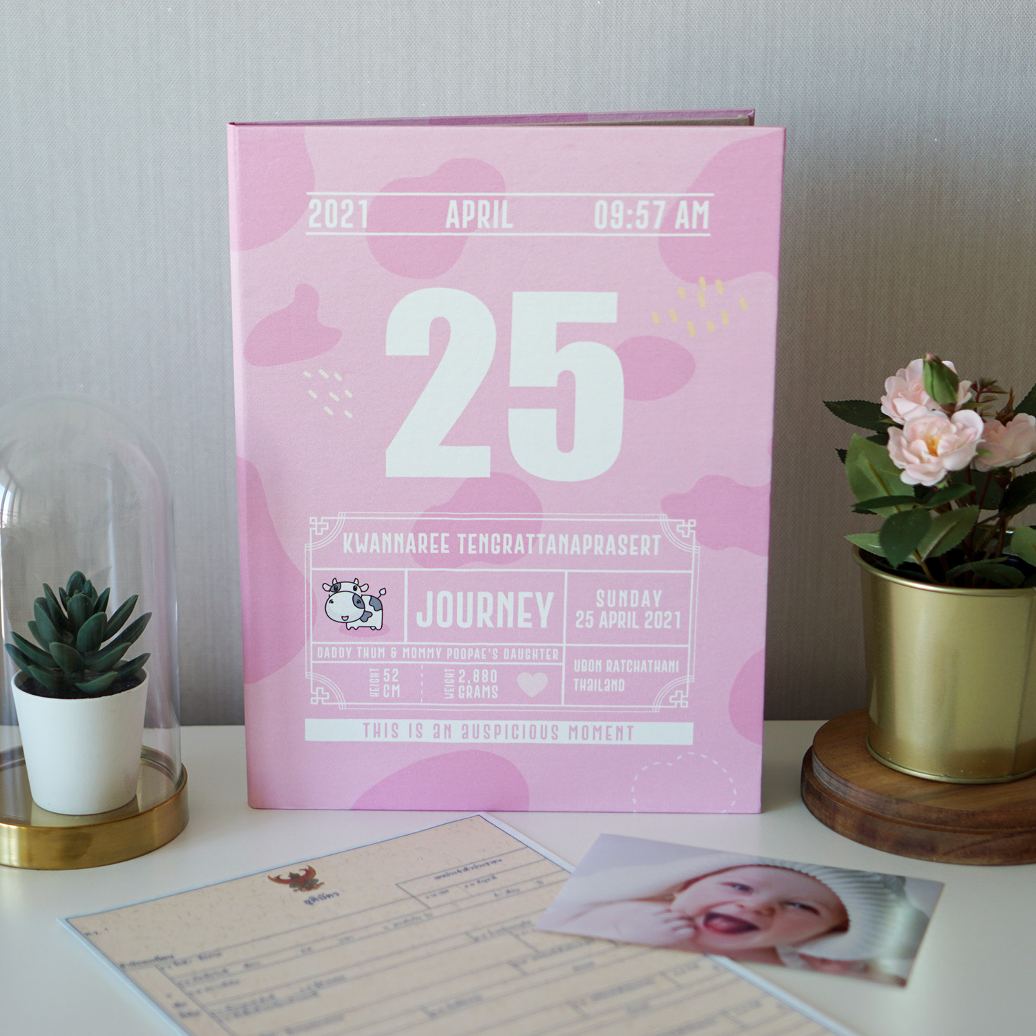 แฟ้มทะเบียนสมรส/สูติบัตร สั่งทำใส่ข้อความ ลาย Chinese Calendar - Cow1 - Pink