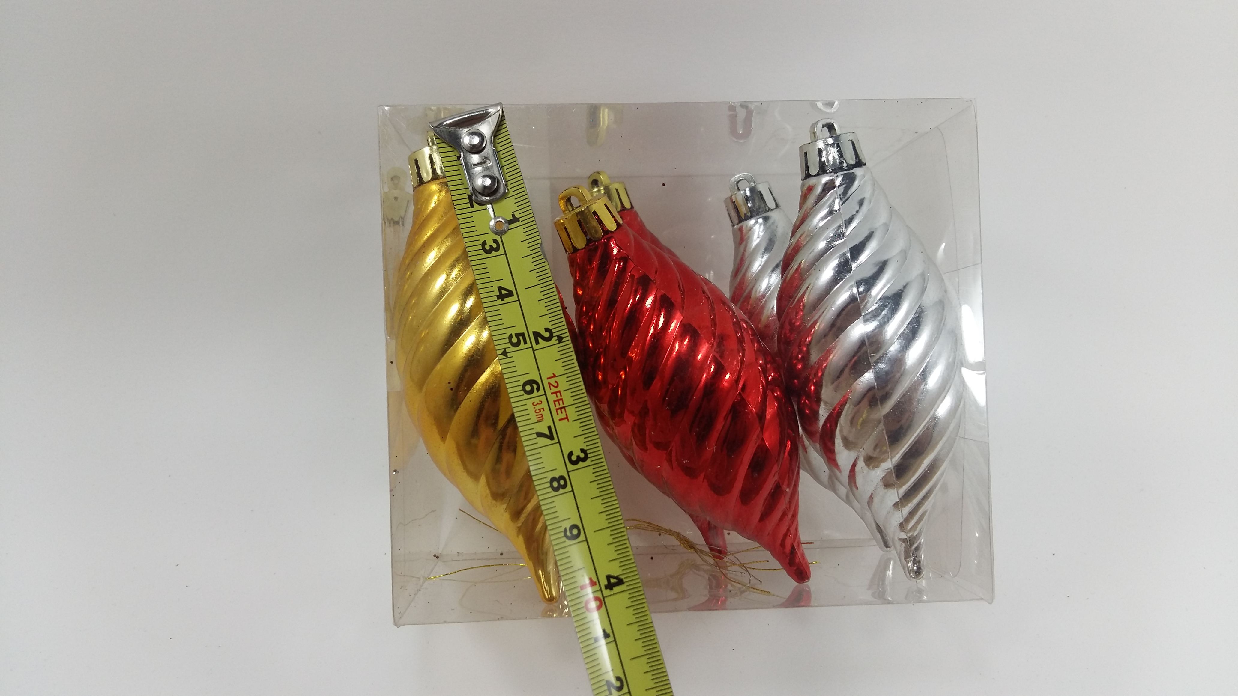Ornament บอลดร็อปเกลียว แดง เงิน ทอง 6 ชิ้น ขนาดยาว 10 ซม.