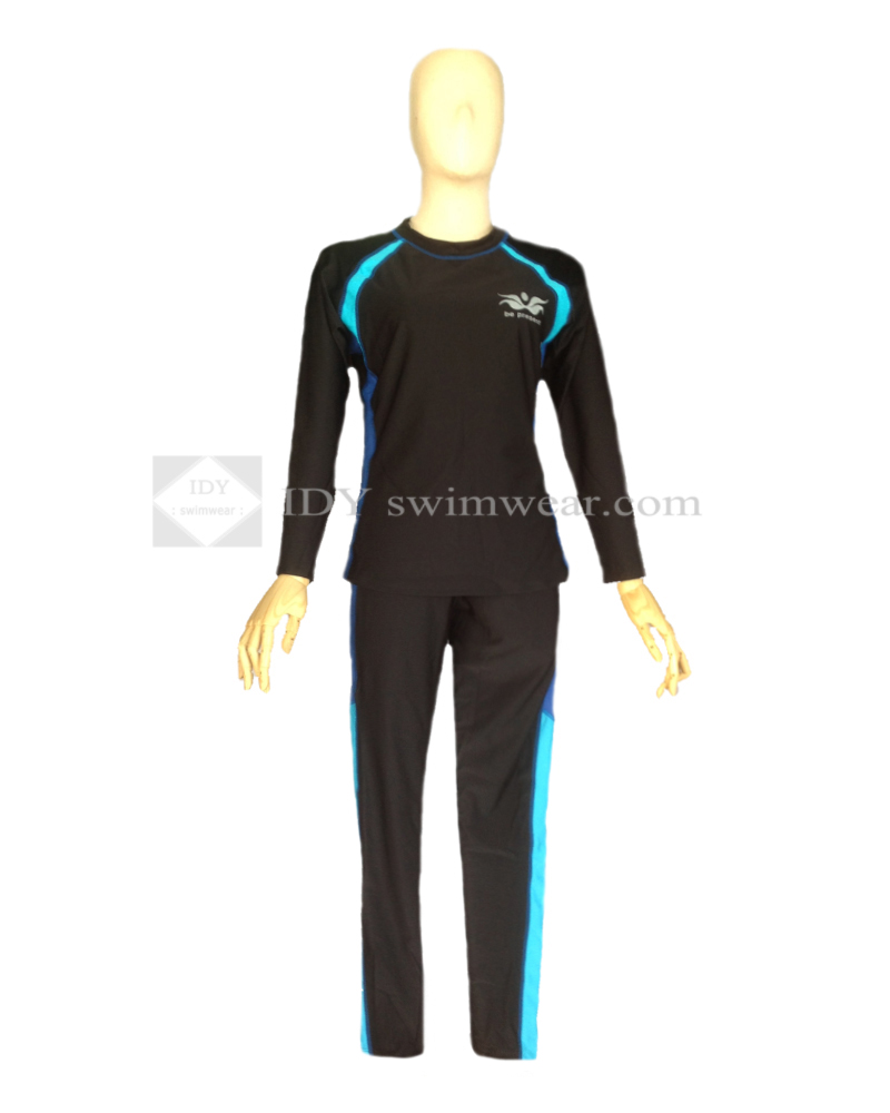 ชุดว่ายน้ำแขนยาว rashguard กันแสงแดด UV 50+ แถบสีฟ้า เสื้อ+กางเกงขายาว ไซส์2XL อก36" เอว 29" สะโพก 40" มีซับใน แถมฟองน้ำ พร้อมส่ง idyshop