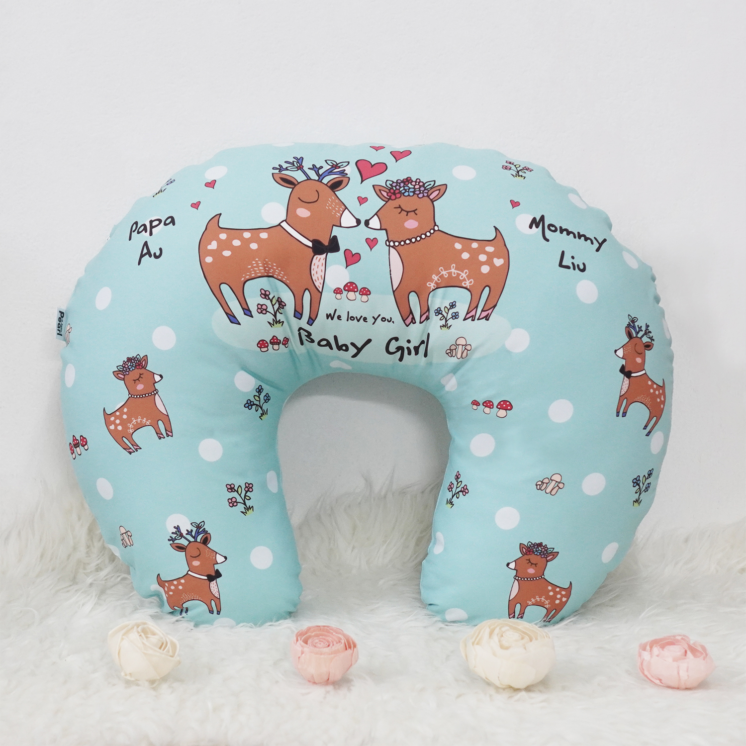 หมอนรองให้นม สั่งทำใส่ชื่อ ลาย Deer - Mint
