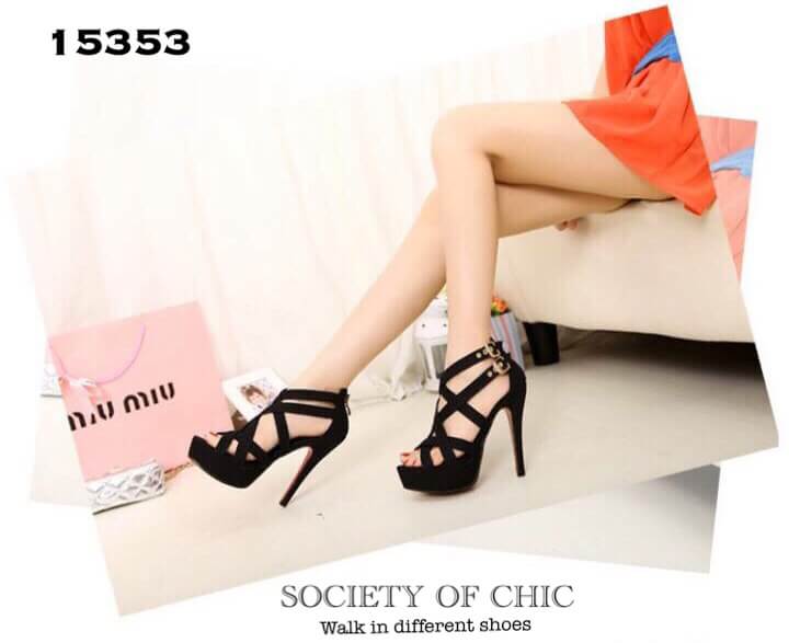 รองเท้าส้นสูงหน้าไข้ว2ชั้น (สีดำ)