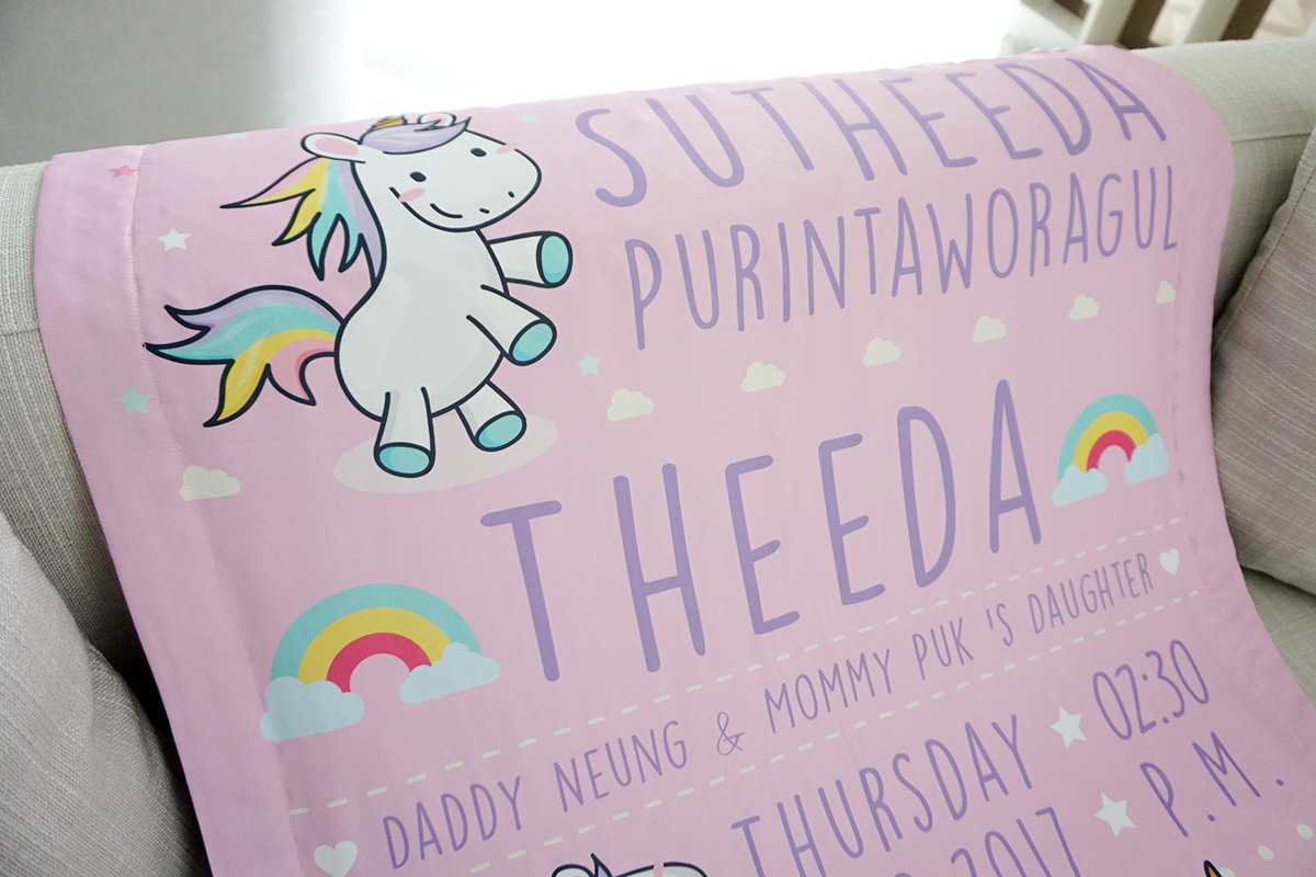 ผ้าห่มเด็ก ใส่ประวัติแรกเกิด ลายยูนิคอร์น - Unicorn - Pink Lavender
