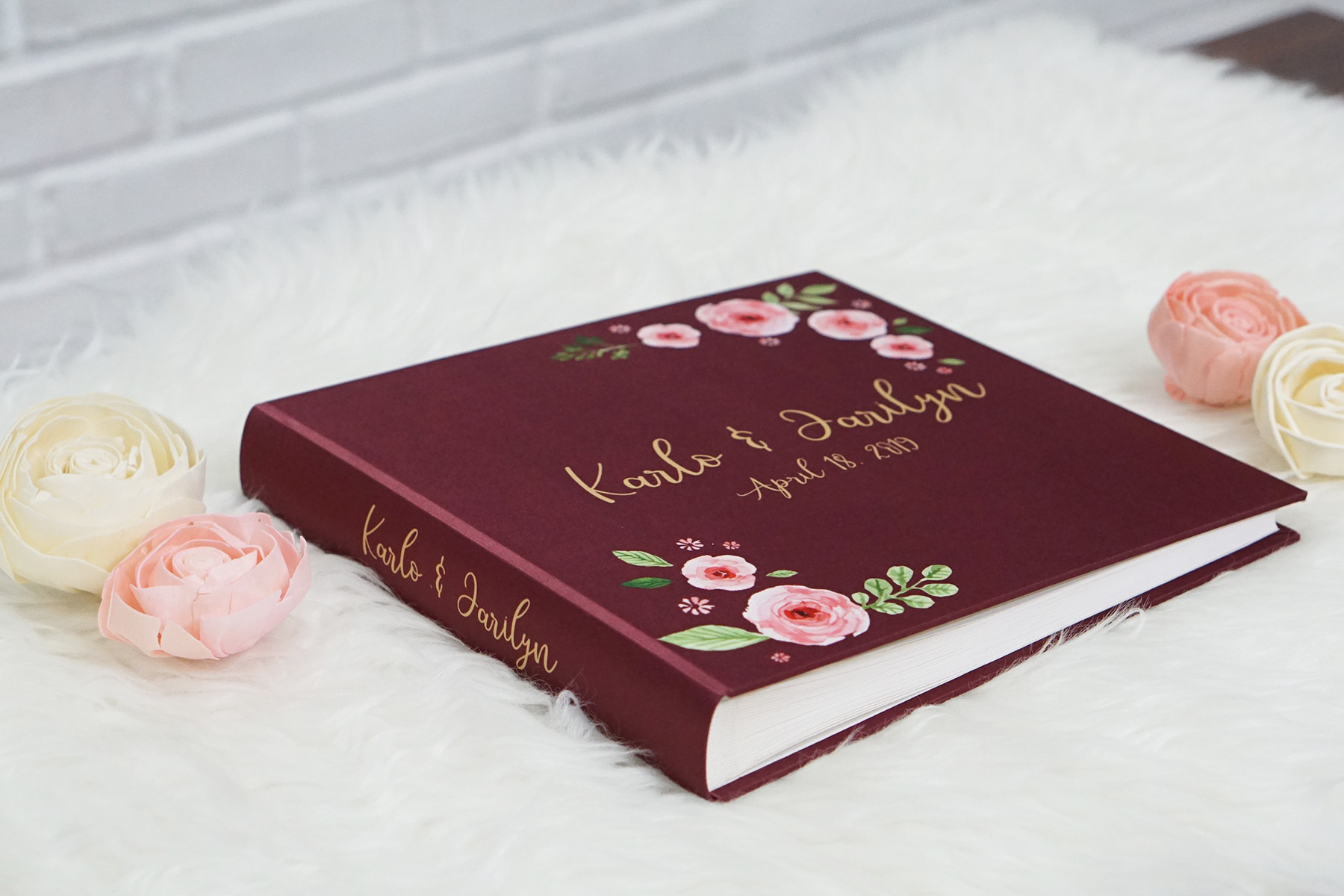 สมุดเซ็น สมุดอวยพร แบบสั่งทำใส่ชื่อ ลาย Rose - Burgundy