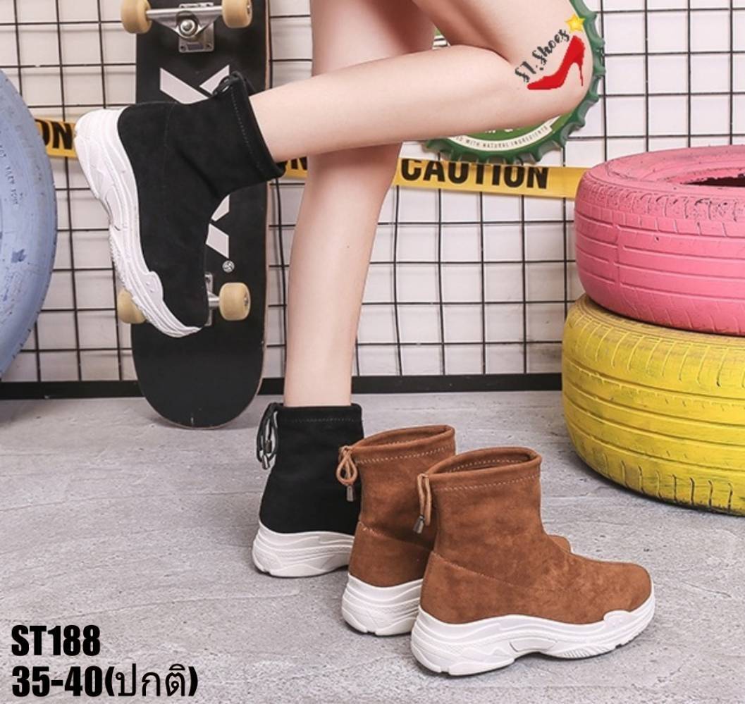 รองเท้าผ้าใบทรงถุงเท้าแต่งเชือกหลัง (สีน้ำตาล)