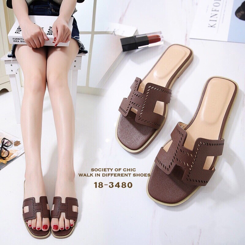 รองเท้าแตะ Style Hermes ฉลุลาย (สีน้ำตาล)