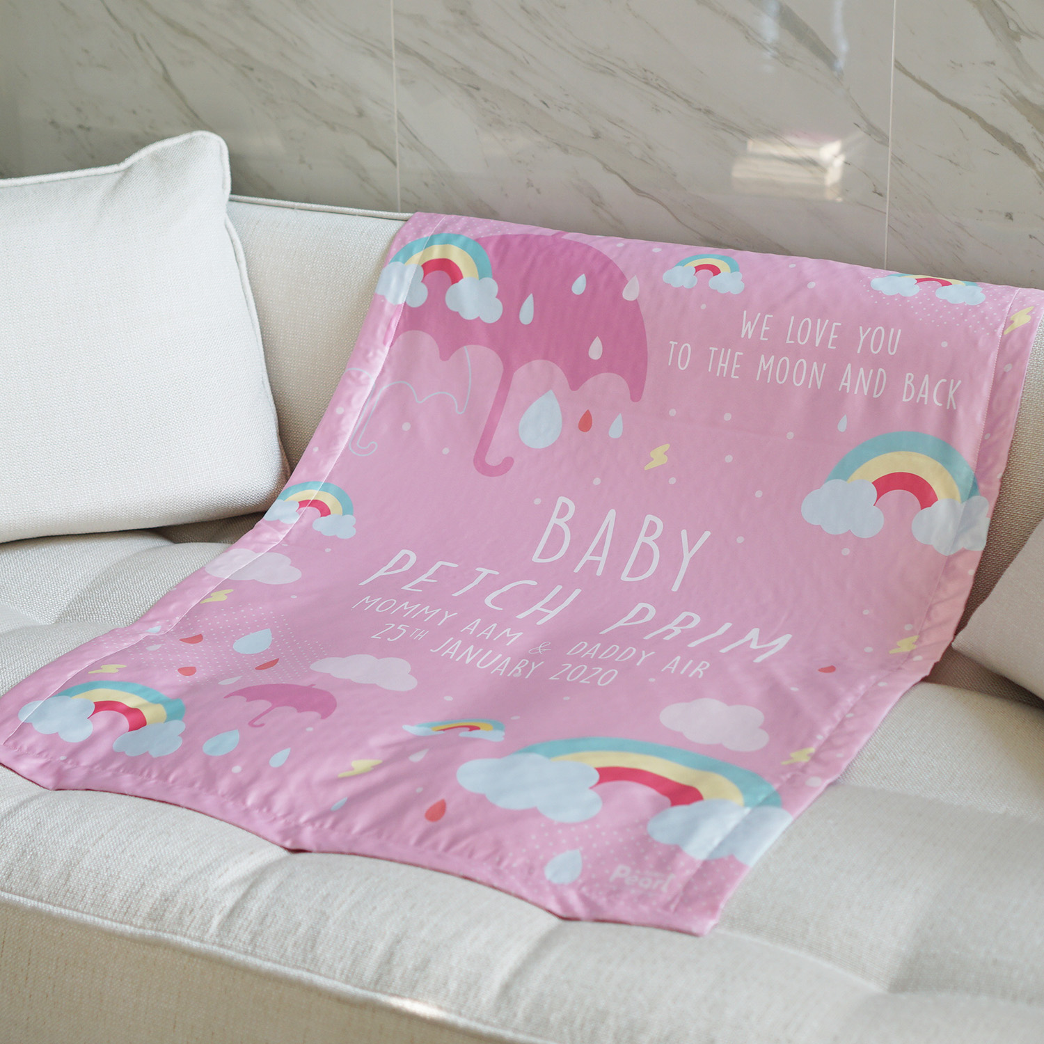 ผ้าห่มสั่งทำใส่ชื่อ Rainbow - Pink