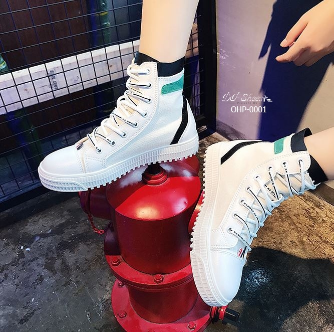 รองเท้าผ้าใบหุ้มข้อแต่งลายแฟชั่น (สีเขียว)