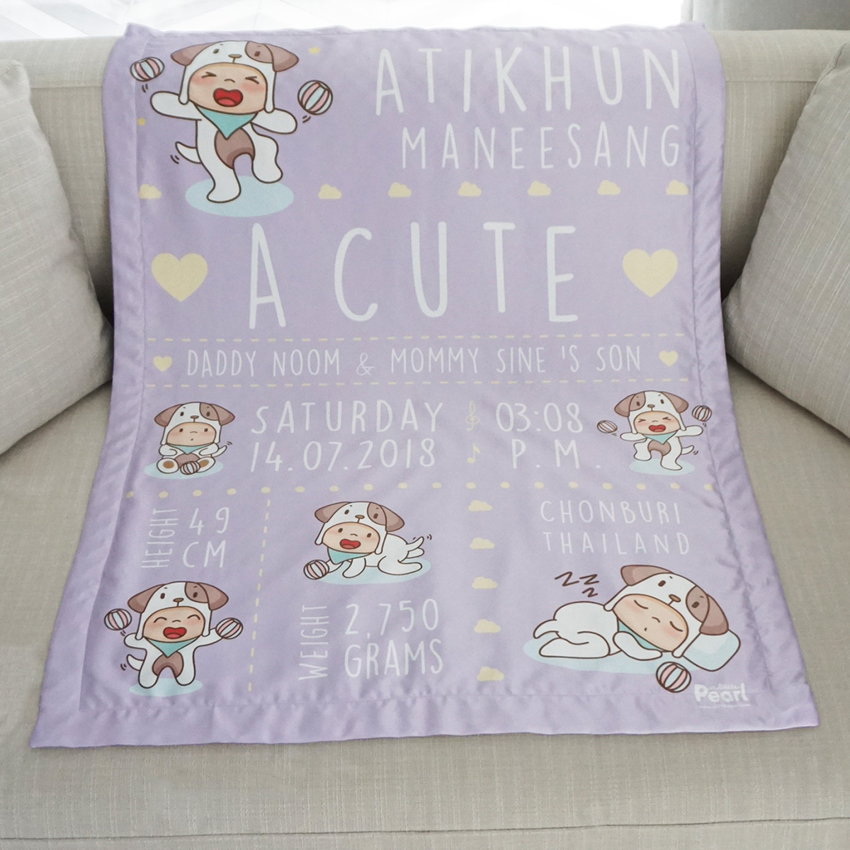 ผ้าห่มเด็ก ใส่ประวัติแรกเกิด ลายปีจอ - Puppy - Purple