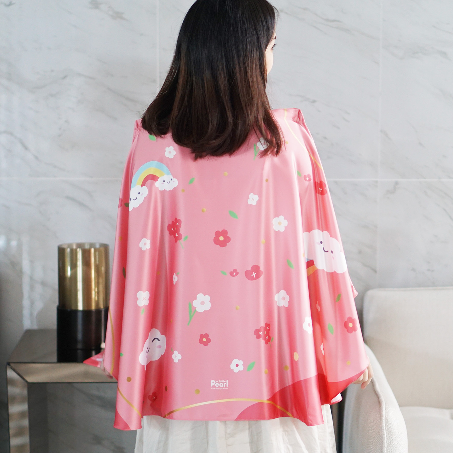 ผ้าคลุมให้นม สั่งทำใส่ชือ ลาย Flower and Rainbow - Old Rose