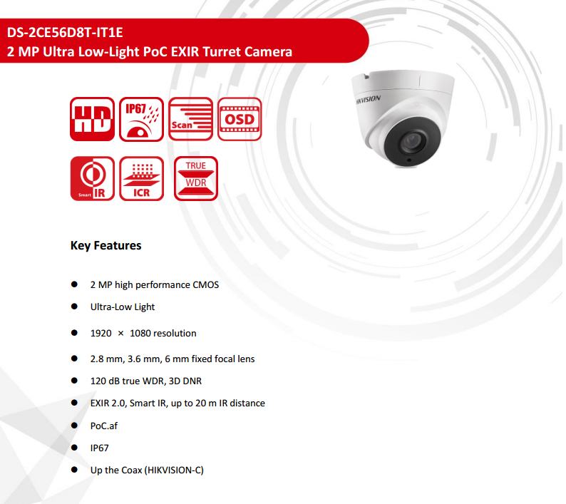 ขายถูก HIKVISION Turbo HD รุ่น DS-2CE56D8T-IT1E(3.6mm.) ความละเอียด 2 ล้านพิกเซล