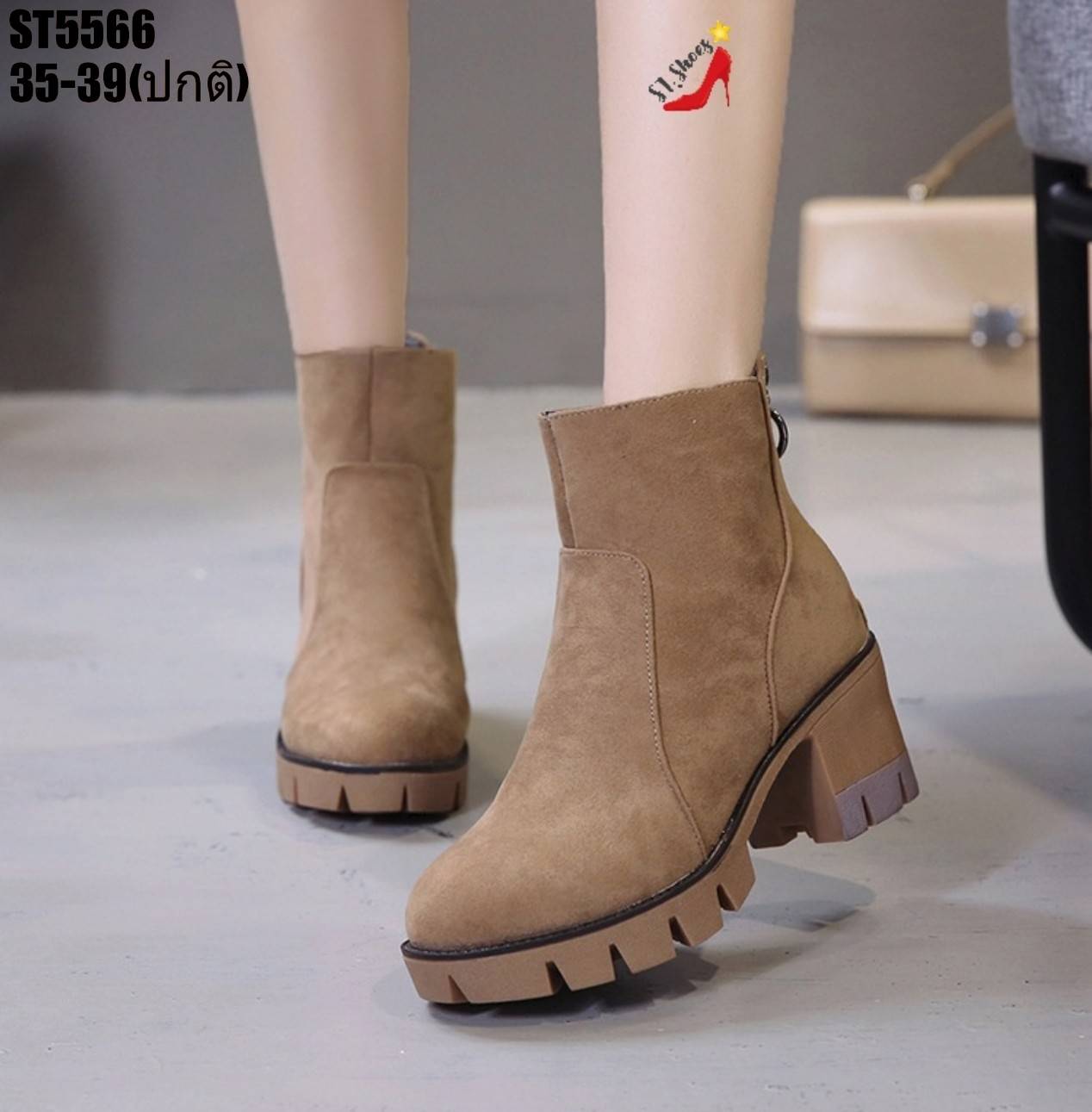รองเท้ามินิบูทเสริมส้นแต่งซิปหลัง (สีกากี)