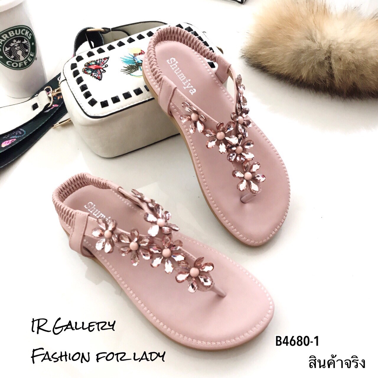 รองเท้าแตะหนีบแต่งคริสตัลดอกไม้ (สีแดง)