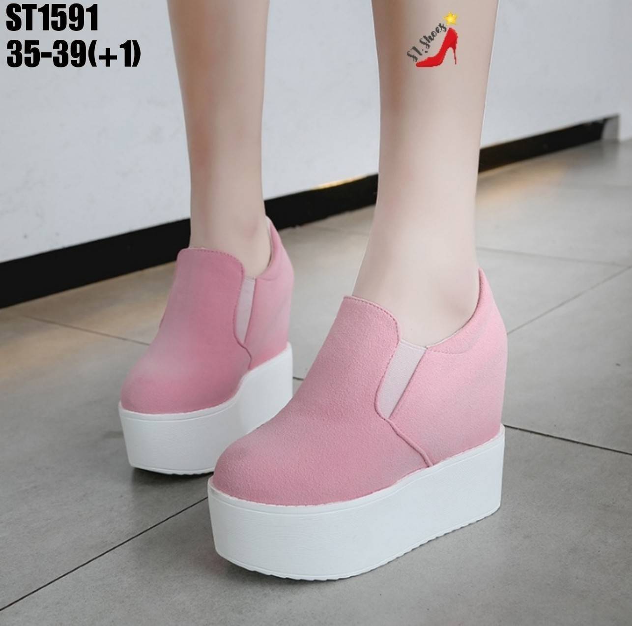 รองเท้าผ้าใบแฟชั่นเริมส้นเตารีดสไตล์เกาหลี (สีชมพู)
