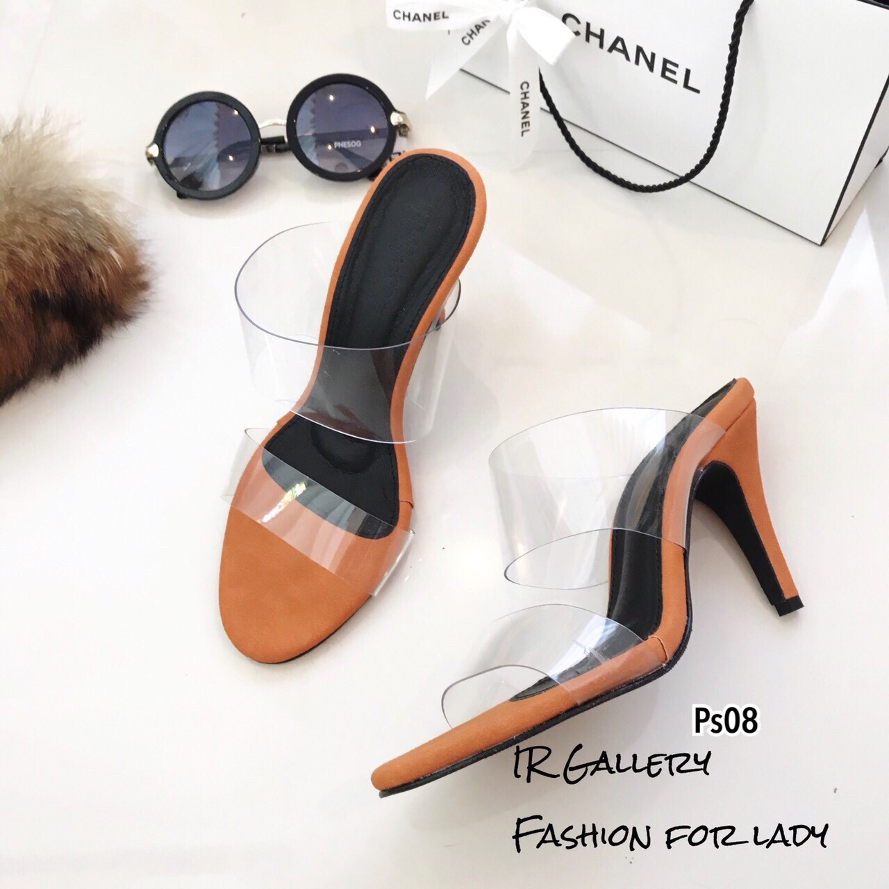 รองเท้าส้นสูงพลาสติกใสนิ่ม (สีส้ม)