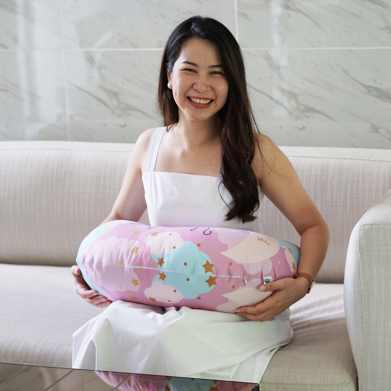 หมอนรองให้นม สั่งทำใส่ชื่อ ลาย Moon - Pink