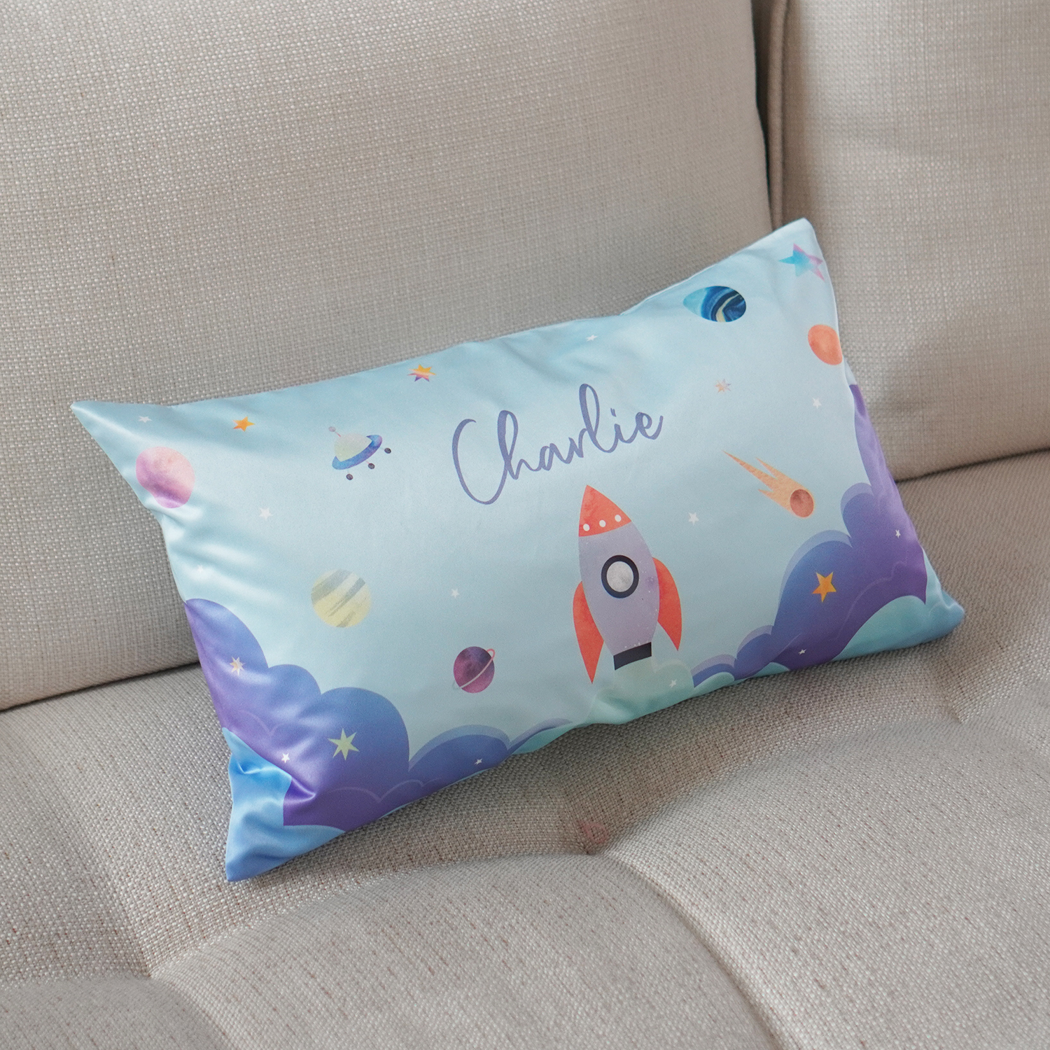 หมอนเด็ก สั่งทำใส่ชื่อ ลาย Rocket - Blue