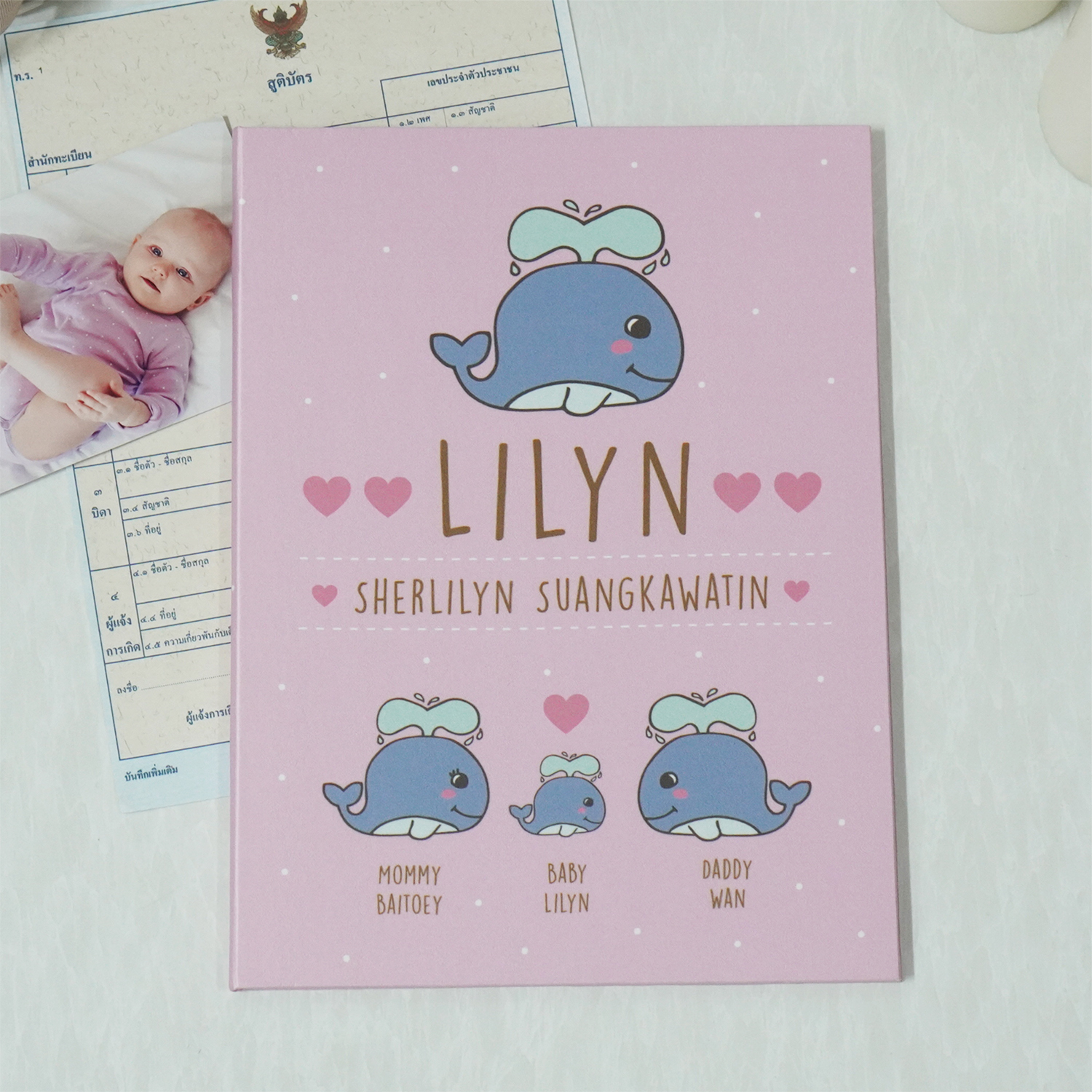 แฟ้มทะเบียนสมรส/สูติบัตร สั่งทำใส่ข้อความ ลาย Whale - Pink Lavender