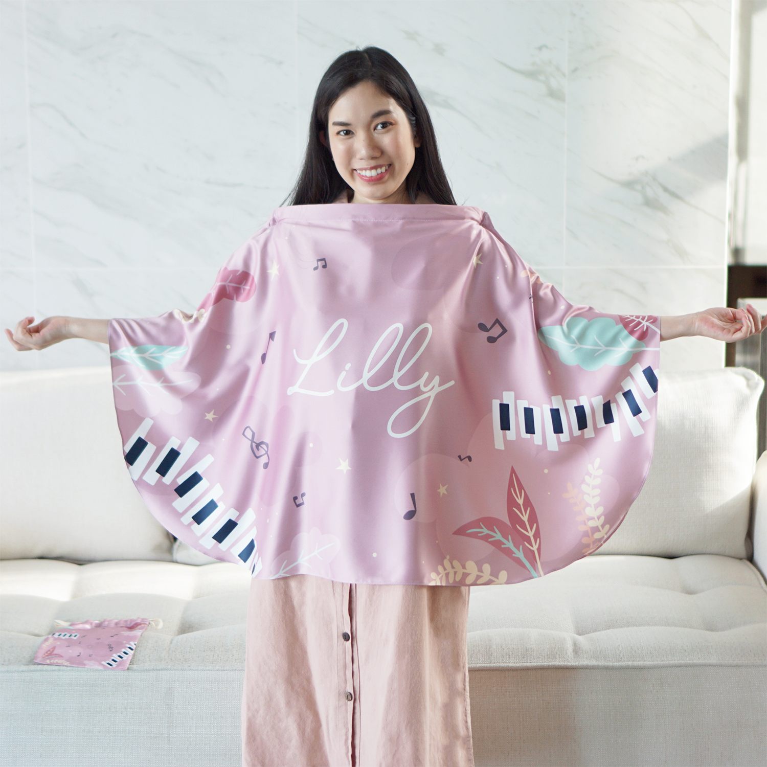 ผ้าคลุมให้นม สั่งทำใส่ชือ ลาย Piano - Pink