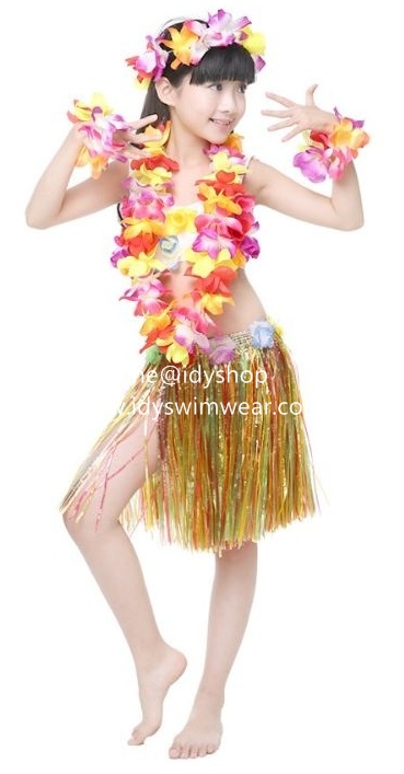 รุ่นเด็ก แบบที่ 3 ขนาดยาว 40 cm สีมิกซ์ กระโปรงเชือกฟาง ฮาวาย อย่างหนา+ เซทพวงมาลัยดอกไม้ 4 ชิ้น+บราดอกไม้