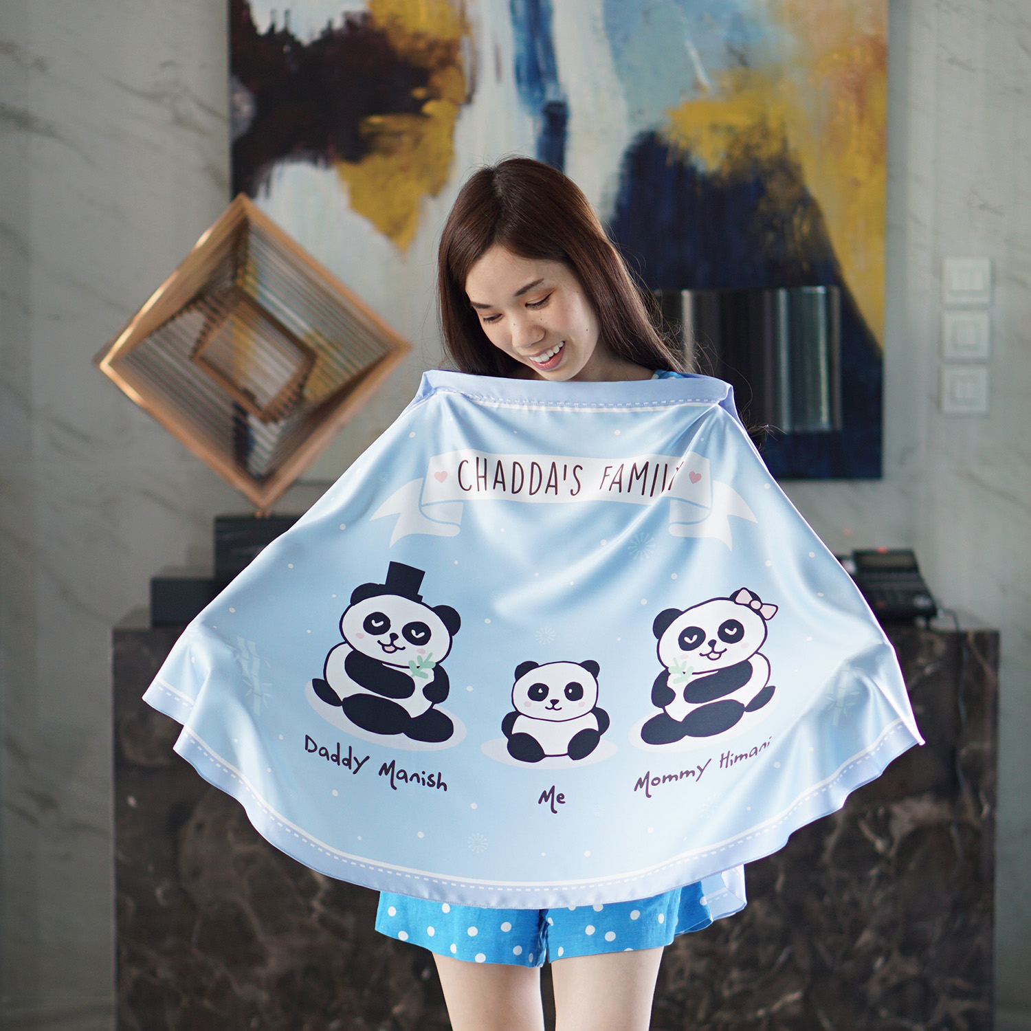 ผ้าคลุมให้นม สั่งทำใส่ชือ ลาย Panda - Blue