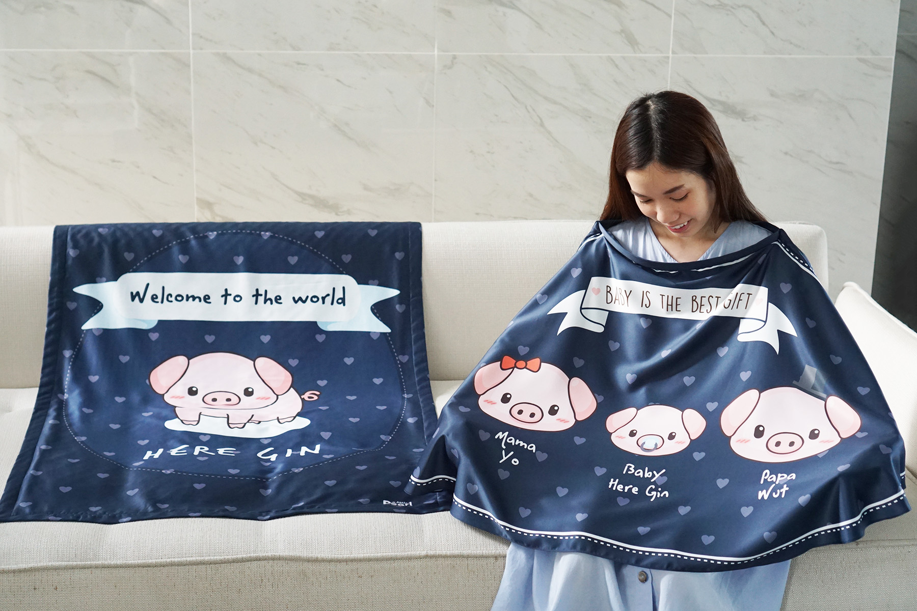 ชุดของขวัญเด็กแรกเกิด ผ้าคลุมให้นม + ผ้าห่มขนาด 75x100cm ลาย Pig - Navy