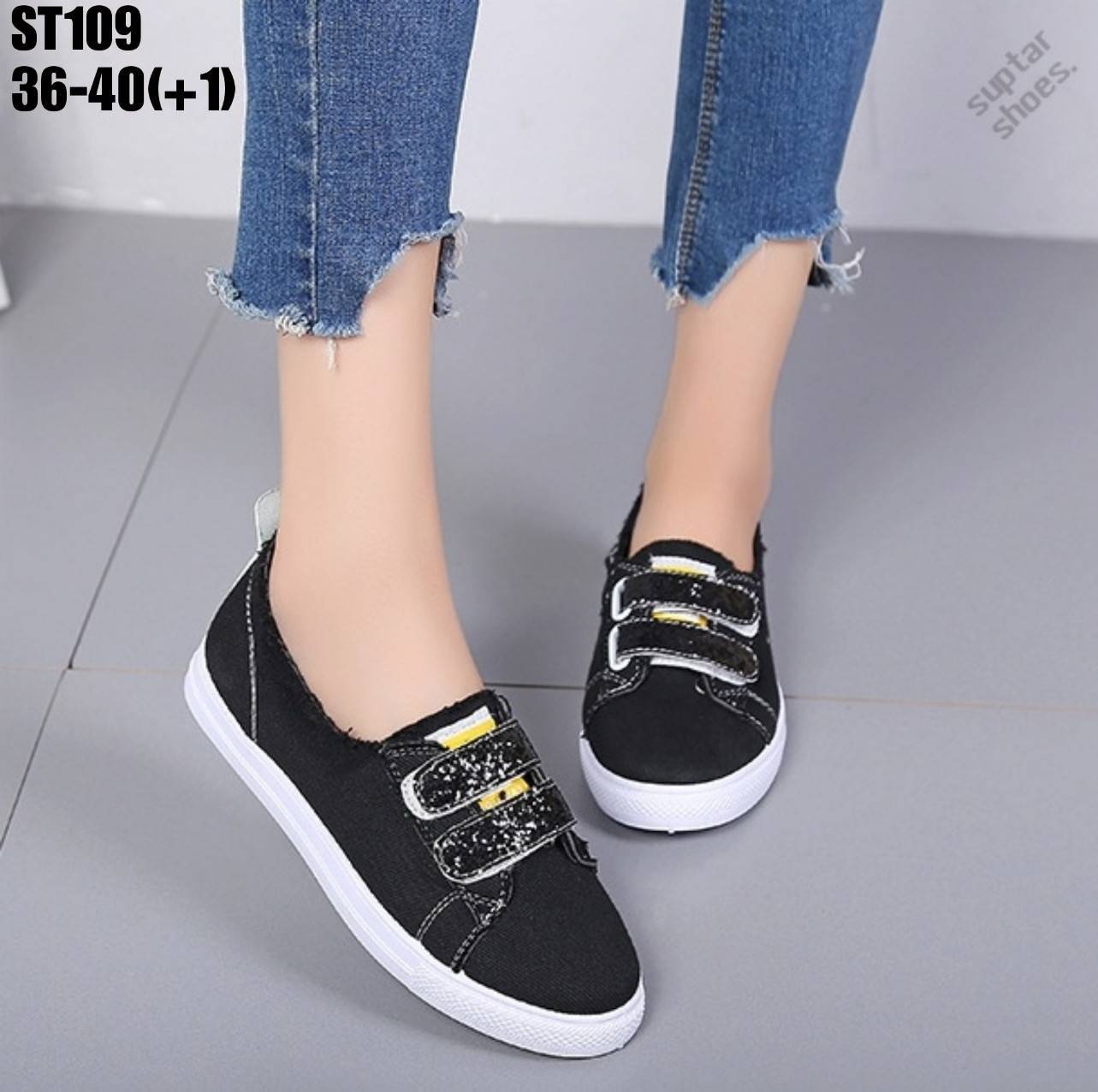 รองเท้าผ้าใบเมจิกเทปแต่งกลิตเตอร์ (สีเขียว)