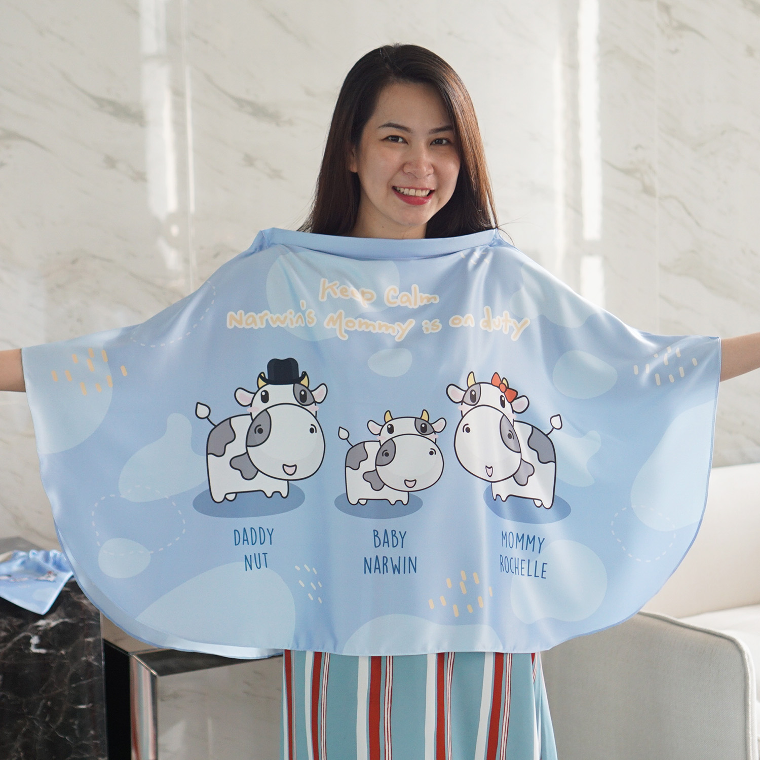 ผ้าคลุมให้นม สั่งทำใส่ชือ ลาย Cow1 - Indigo