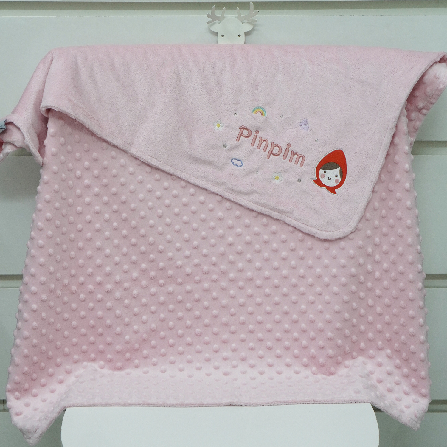 ผ้าห่ม Minky - สีชมพู 75x100cm แบบปักชื่อ+การ์ตูน - Little Red Riding Hood