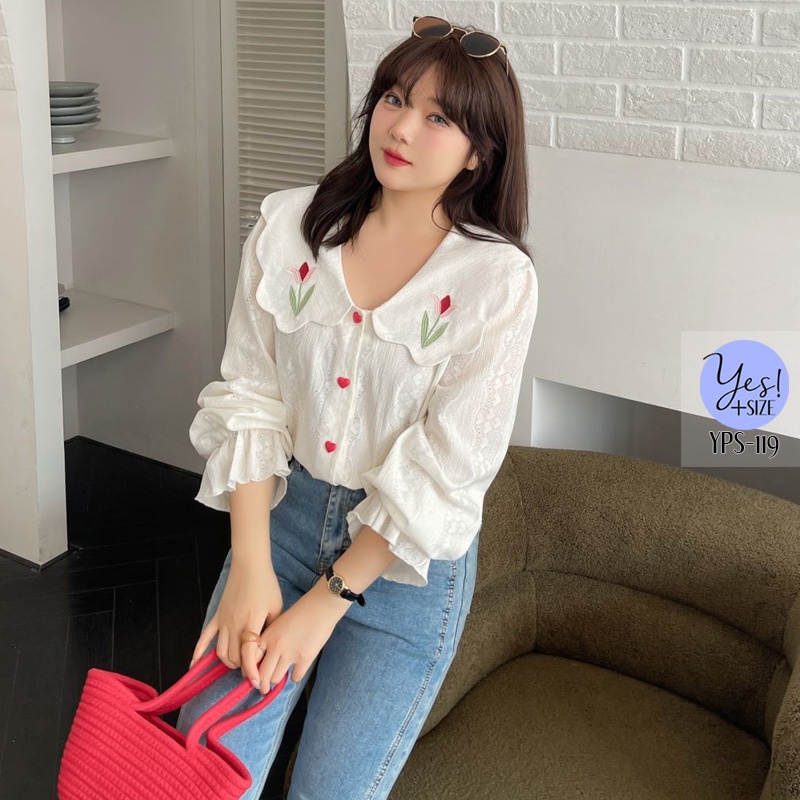 เสื้อเชิ๊ตแขนยาวสาวอวบ อก 40-54 นิ้ว เชิ๊ตลูกไม้สีขาวครีม ปกใหญ่ปักดอกทิวลิป YPS-119