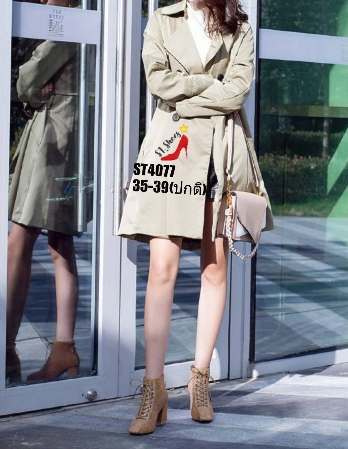 รองเท้ามิิบูทส้นตันแต่งซิปหลัง (สีกากี)