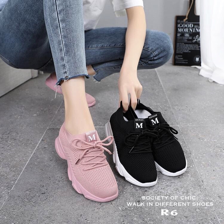 รองเท้าผ้าใบแฟชั่นขอบถุงเท้าสไตล์ Sport (สีชมพู)