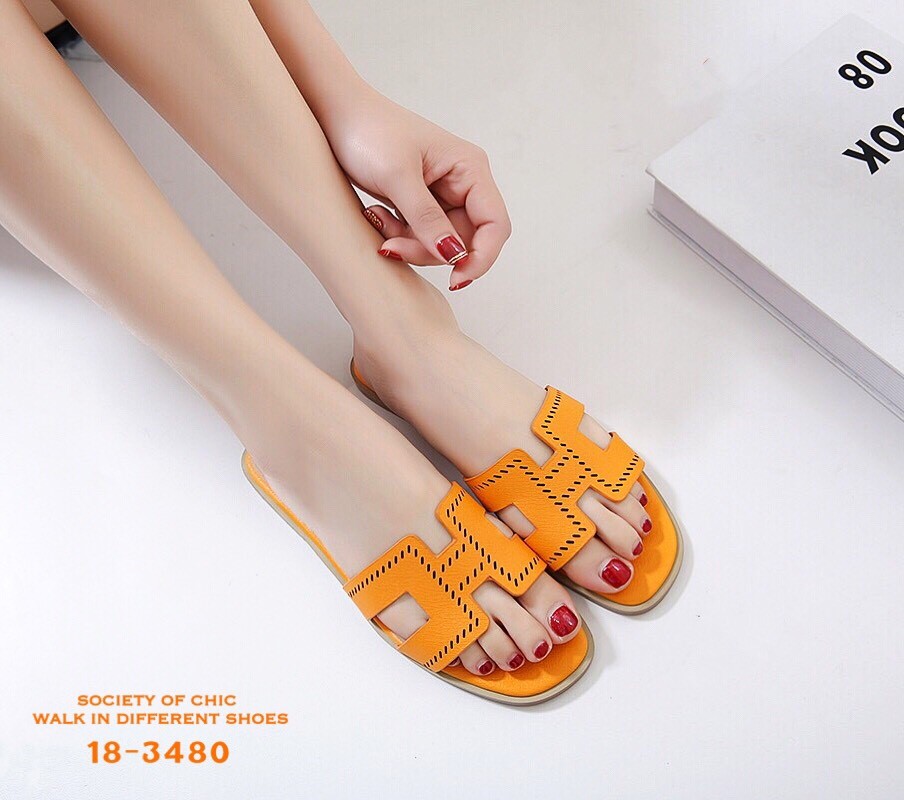 รองเท้าแตะ Style Hermes ฉลุลาย (สีน้ำตาล)