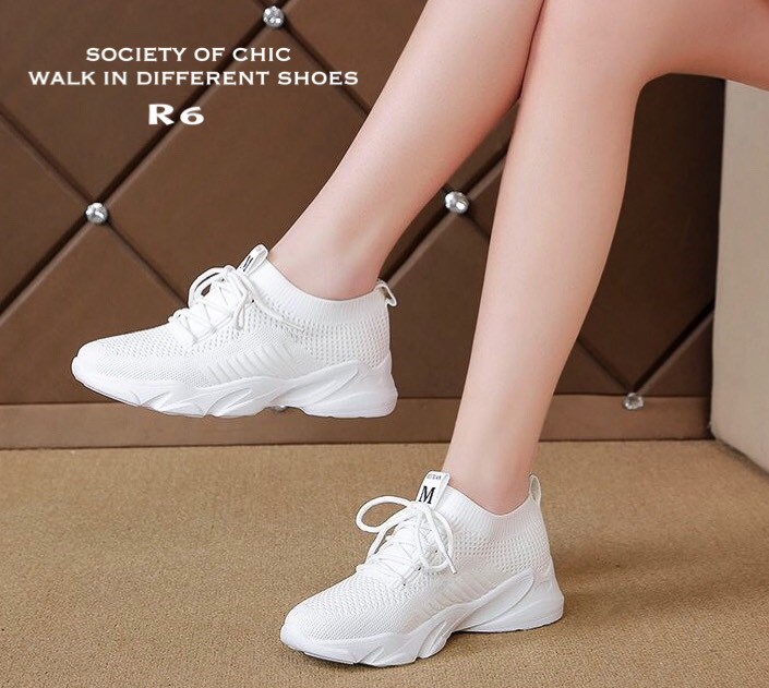 รองเท้าผ้าใบแฟชั่นขอบถุงเท้าสไตล์ Sport (สีชมพู)