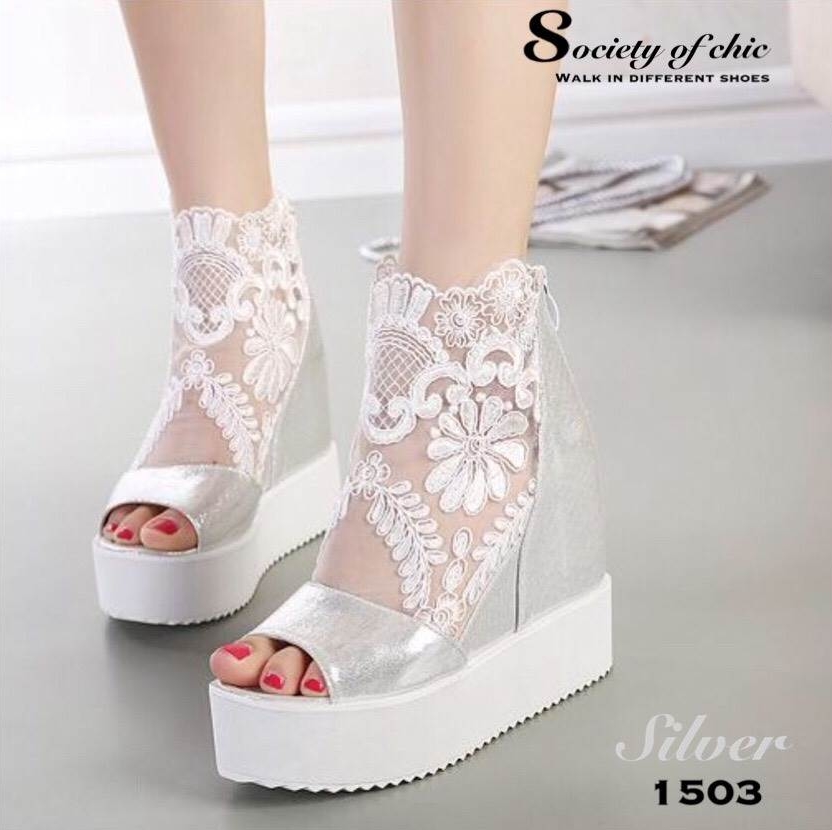 รองเท้าเตารีดลูกไม้เกาหลีแต่งซิป (สีดำ)