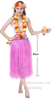แบบที่ 2 ขนาด 80 cm สีชมพู กระโปรงเชือกฟาง ฮาวาย อย่างหนา + เซทพวงมาลัยดอกไม้ 4 ชิ้น
