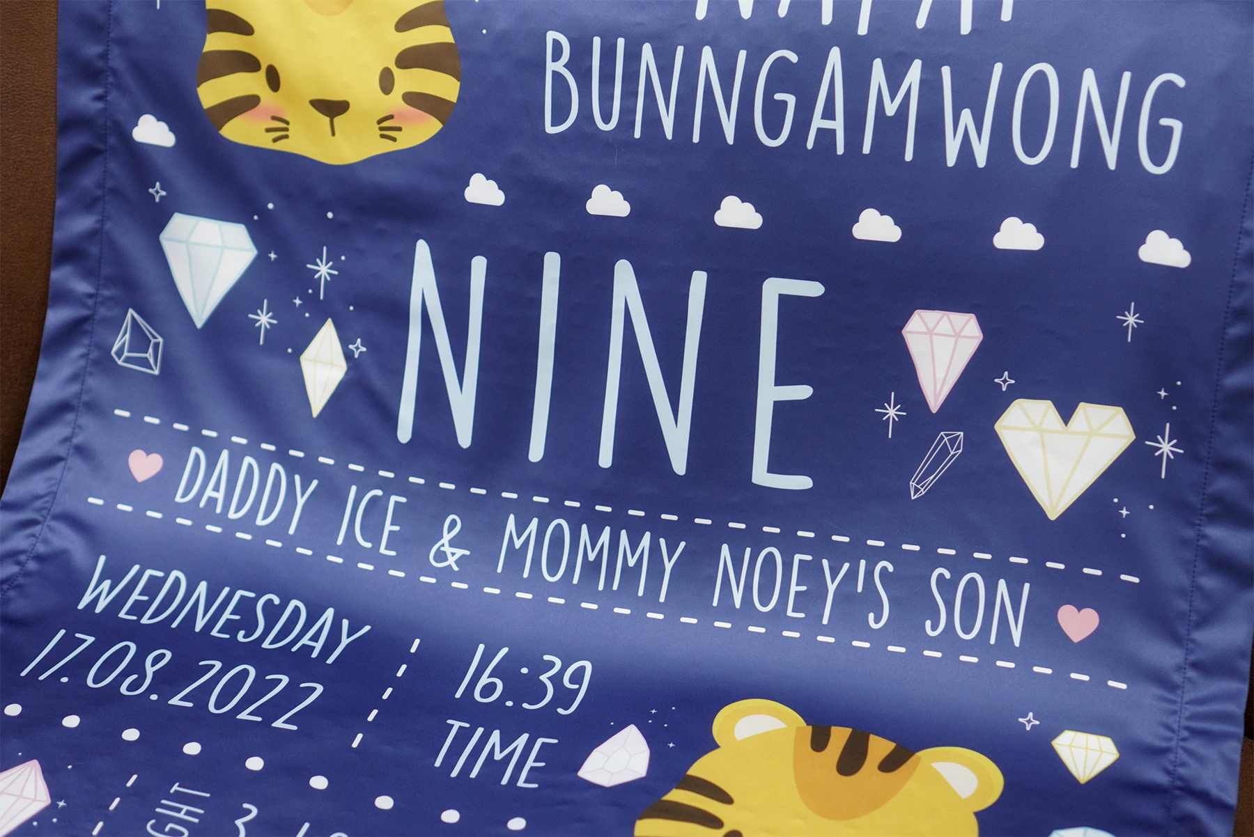 ผ้าห่มเด็ก สั่งทำใส่ประวัติแรกเกิด ลายเสือ ปีขาล Tiger with diamond - Navy
