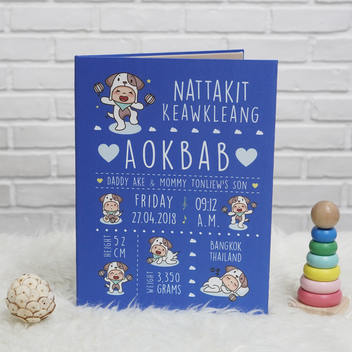 แฟ้มทะเบียนสมรส/สูติบัตร สั่งทำใส่ข้อความ ลาย Puppy - Dark Blue