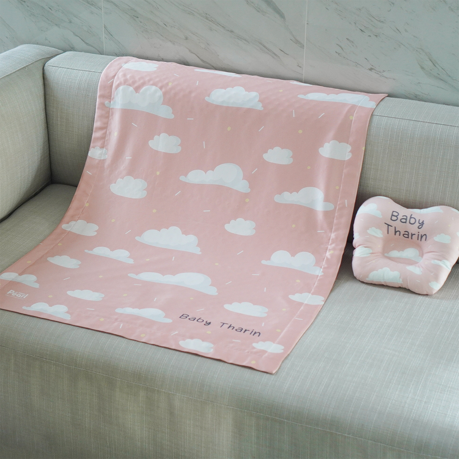 ชุดของขวัญเด็กแรกเกิด หมอนหลุม + ผ้าห่มขนาด 75x100cm ลาย Cloud - Peach