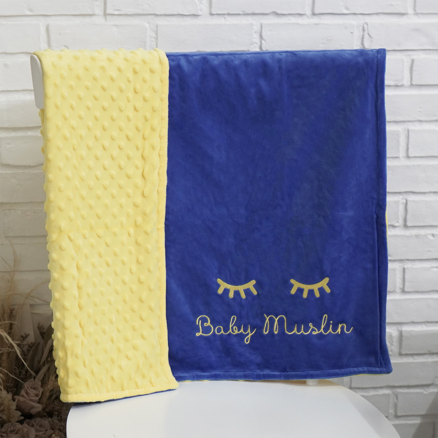 ผ้าห่ม Minky - สี Lemon-Navy 75x100cm แบบปักชื่อ+icon - Eyelashes