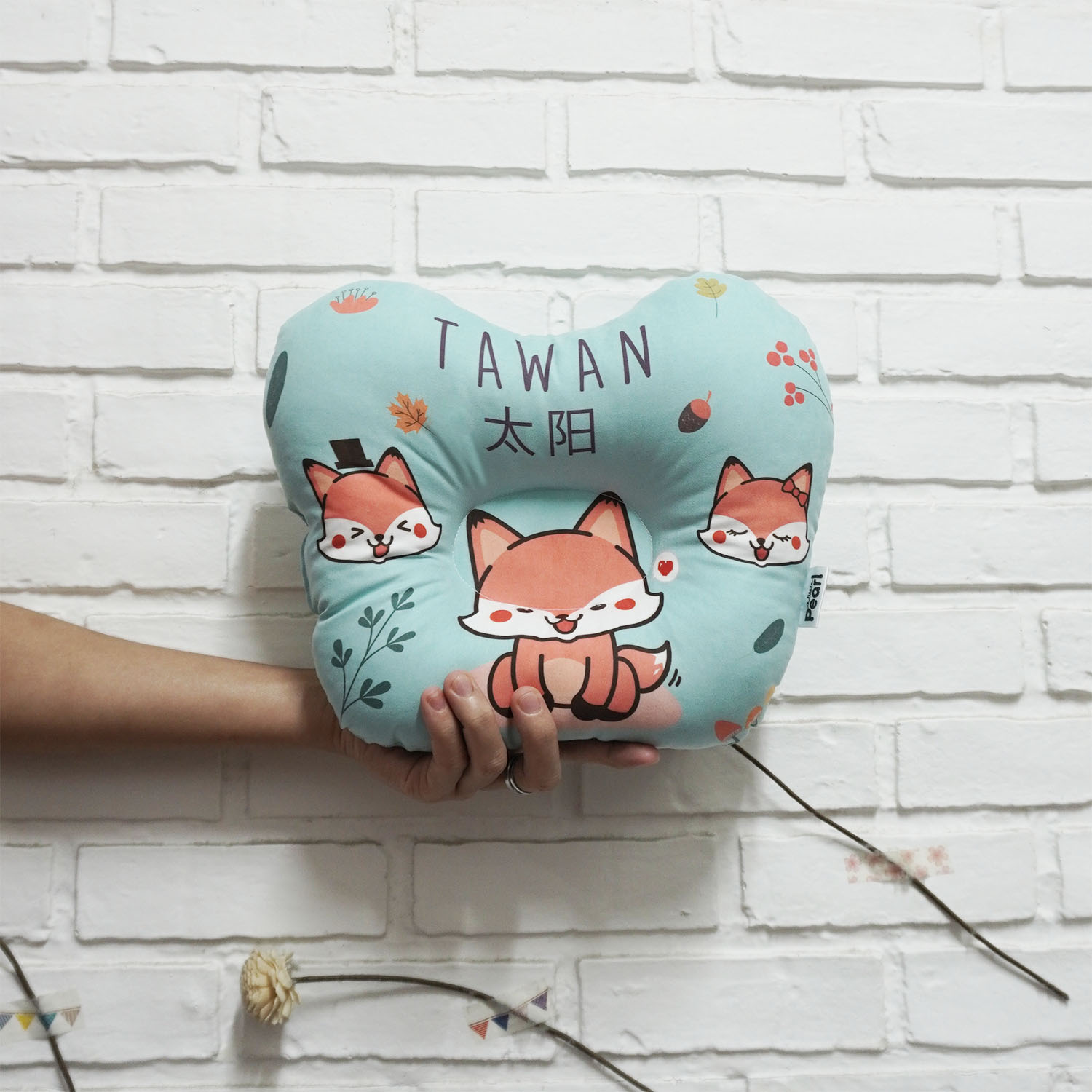 หมอนเด็ก หมอนหลุม Baby Pillow สั่งทำใส่ชื่อ ลาย Fox - Mint