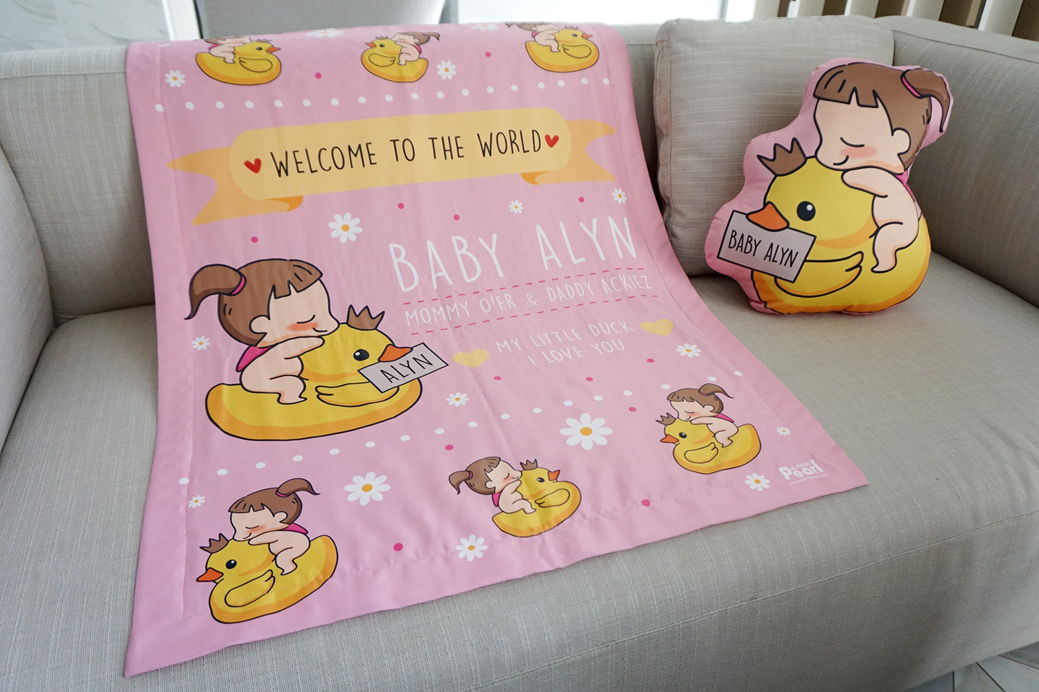 ผ้าห่มเด็ก สั่งทำใส่ชื่อ ลาย Ducky and Baby Girl - Pink