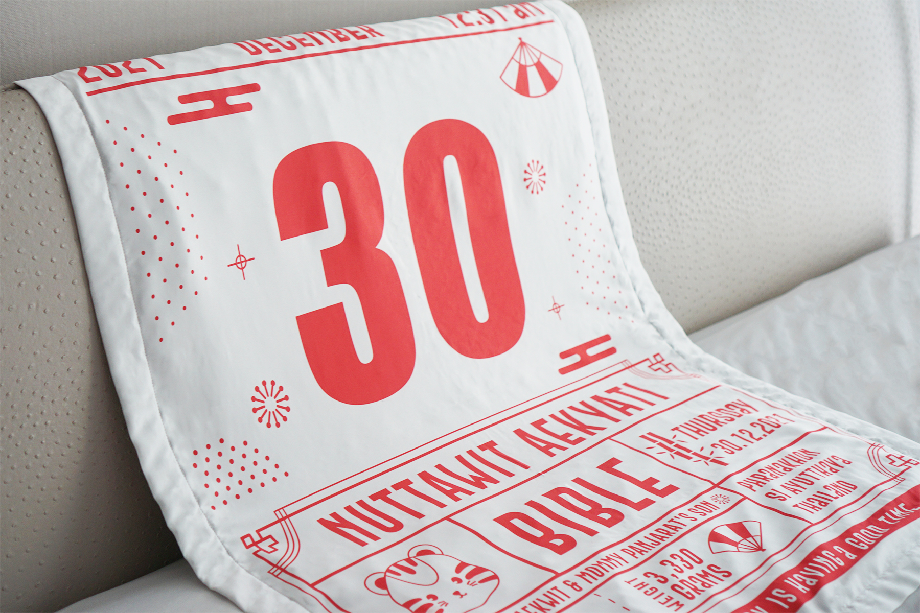 ผ้าห่มเด็ก ใส่ประวัติแรกเกิด ลาย Chinese Calendar - White/Red