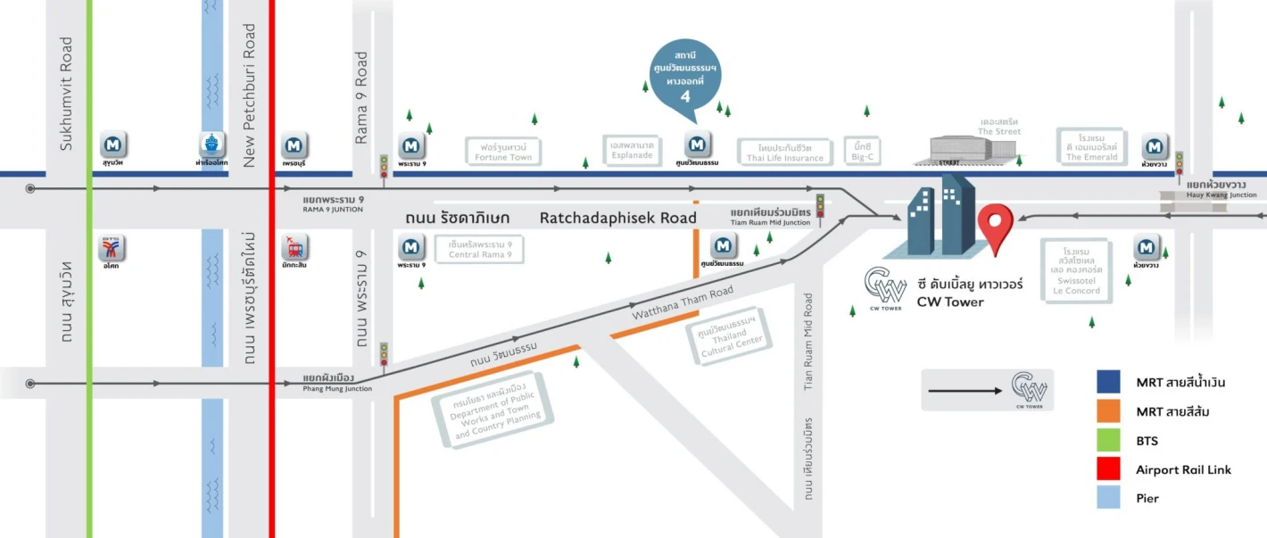 อาคารซีดับเบิลยู ทาวเวอร์ (CW Tower) สำนักงานให้เช่าติดถนนรัชดาภิเษก กรุงเทพฯ ใกล้เดอะ สตรีท รัชดา