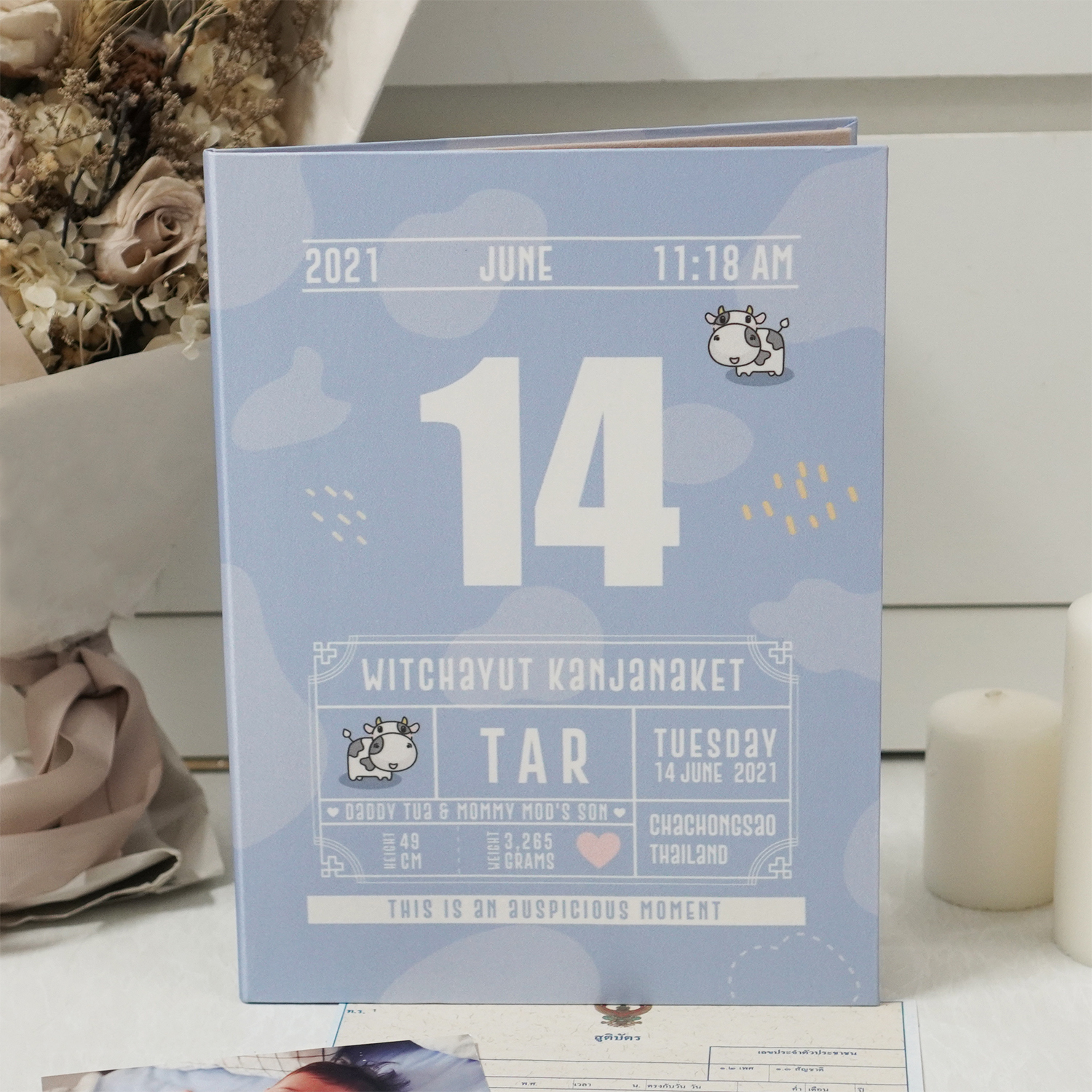 แฟ้มทะเบียนสมรส/สูติบัตร สั่งทำใส่ข้อความ ลาย Chinese Calendar - Cow1 - Blue