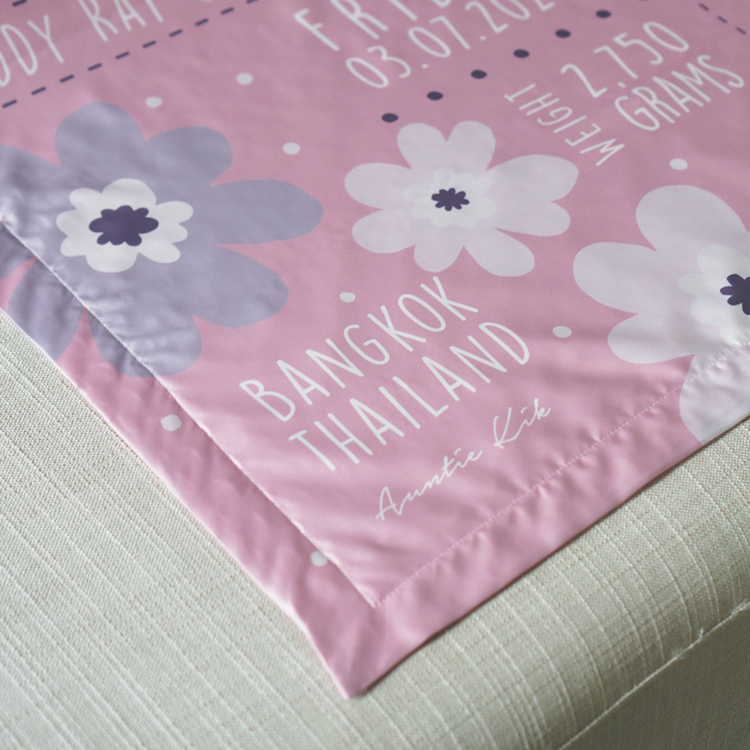 ผ้าห่มสั่งทำใส่ประวัติแรกเกิด Big Flower - Pink + ใส่รูปถ่าย