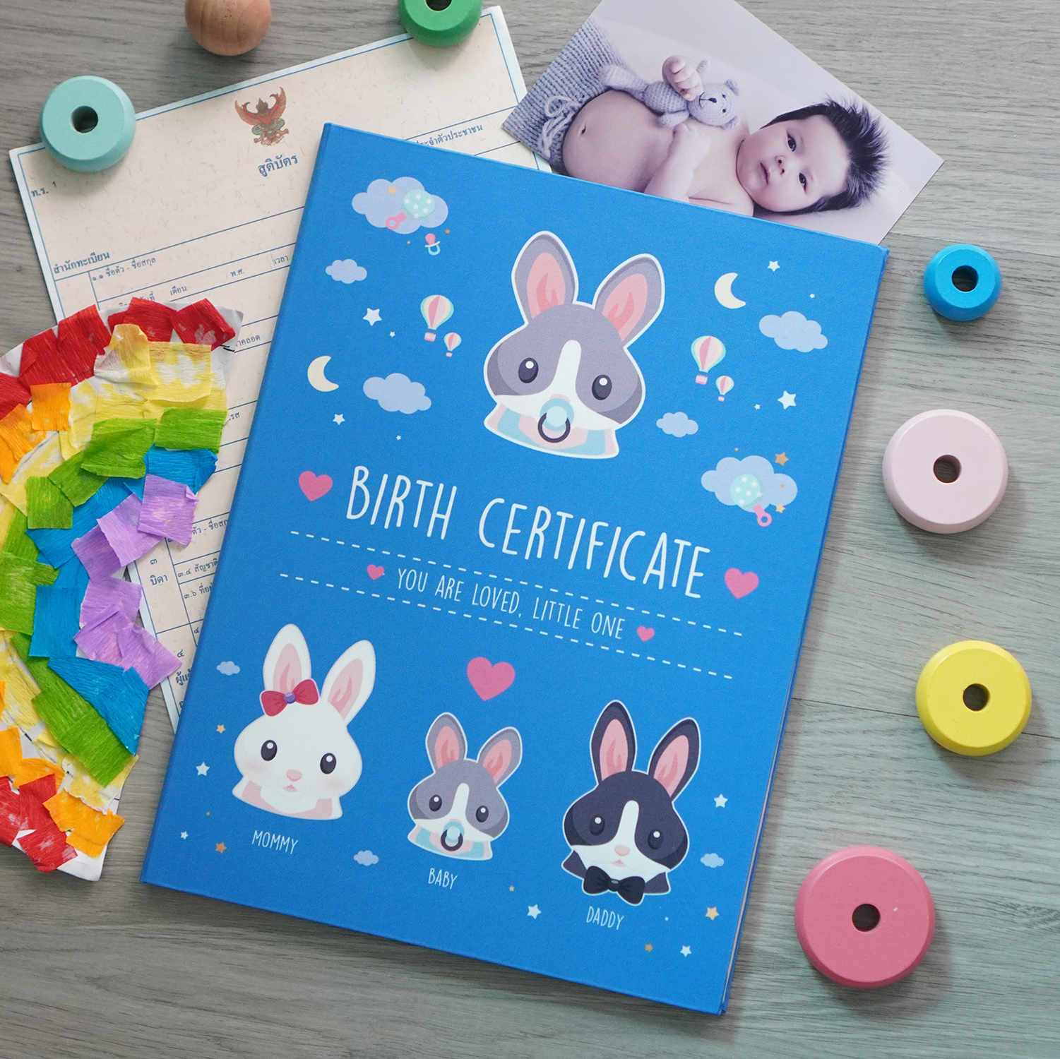 แฟ้มใส่สูติบัตร แบบพร้อมส่ง ลาย Rabbit - Dark Blue